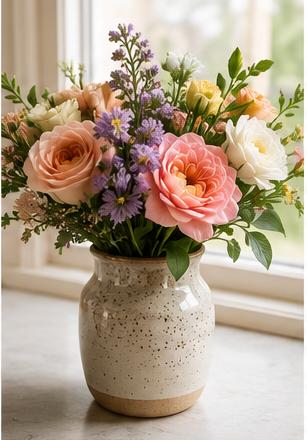 Neutral flower arrangement in a reusable keepsake vase from Build-a-Bouquet