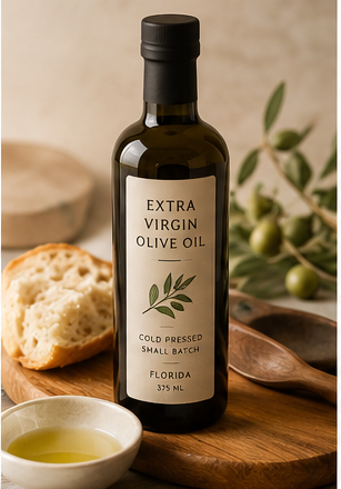 Bottle of olive oil with dipping bowl, bread, and herbs from Joe and Son's Olive Oils