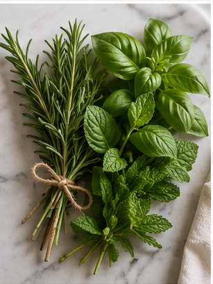 Rosemary, basil, and mint tied with twine or in a small basket from Angeles Farm or Sherwood Forest Organic Farm