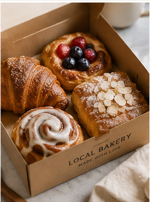 Open pastry box with an assortment of pastries from Elevenses Co, shot from above