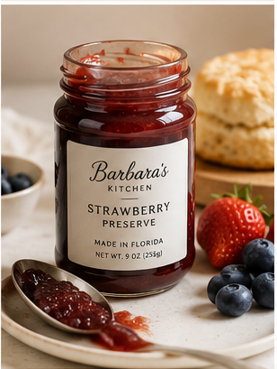Jars of jam styled with toast, biscuits, and fruit from Barbara's Kitchen Jams