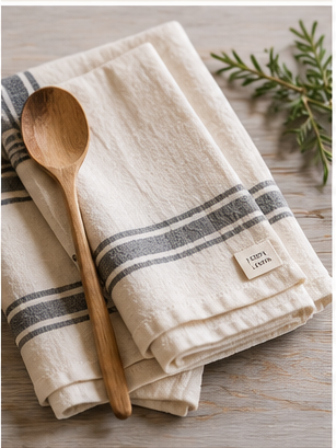 Folded neutral linen tea towels with a wooden spoon from Agapanthus Ocala