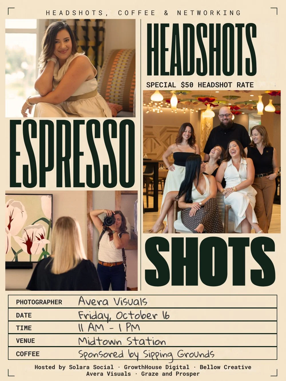 Headshots & Espresso Shots flyer: Friday, October 16, 11 AM to 1 PM at Midtown Station, Ocala.