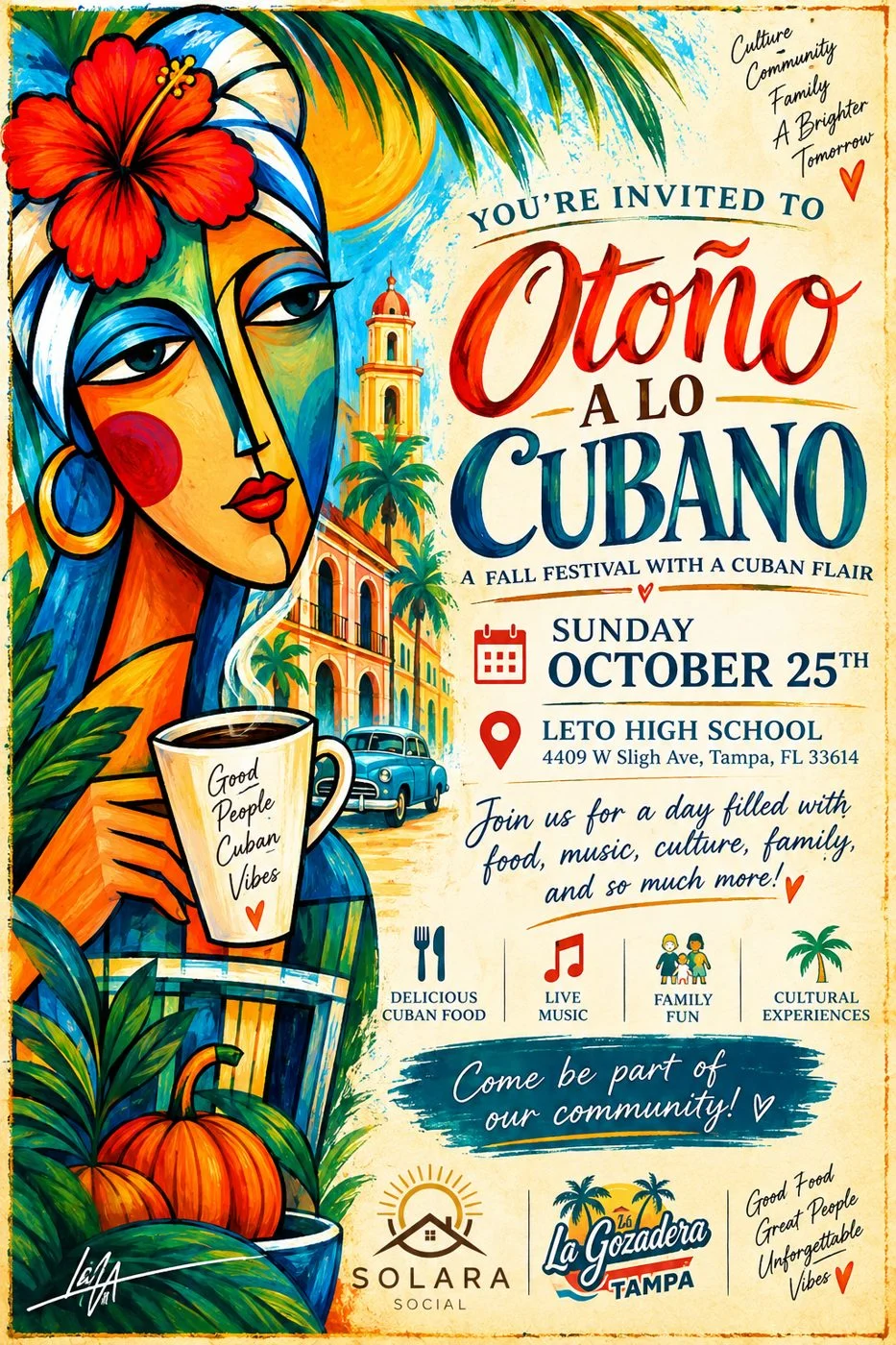 Otoño a lo Cubano flyer: Sunday, October 25, 10 AM to 4 PM at Leto High School, Tampa. Art by LisArte.